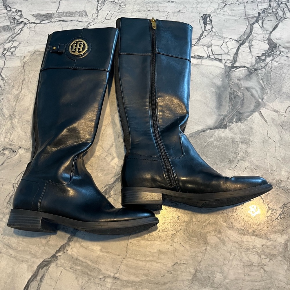 Tommy Hilfiger Black Leather Knee-High Heeled Boots